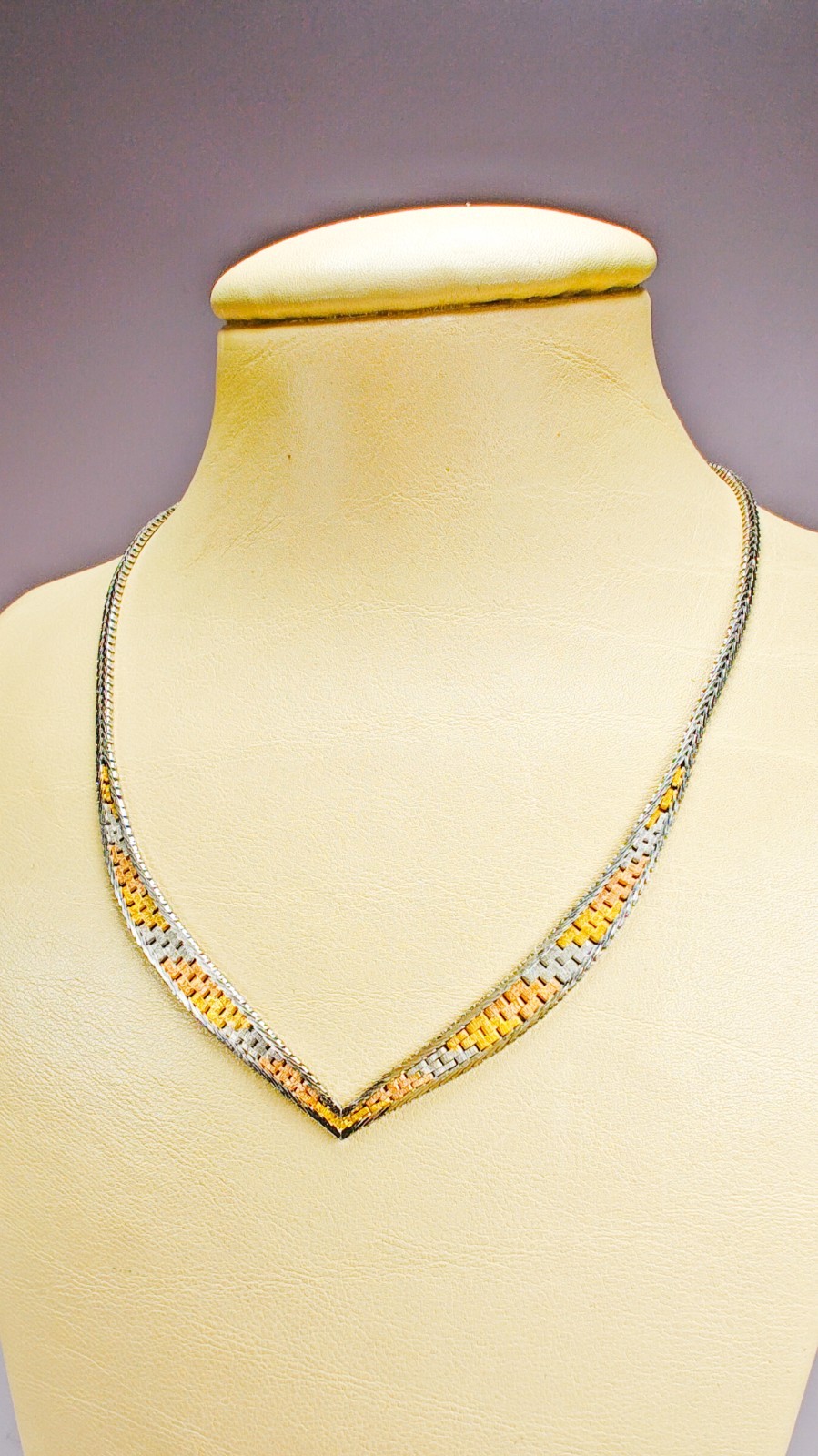 925 Italy Sterling Silver Tri Color Woven V Necklace 16″ Box Clasp 11.88g