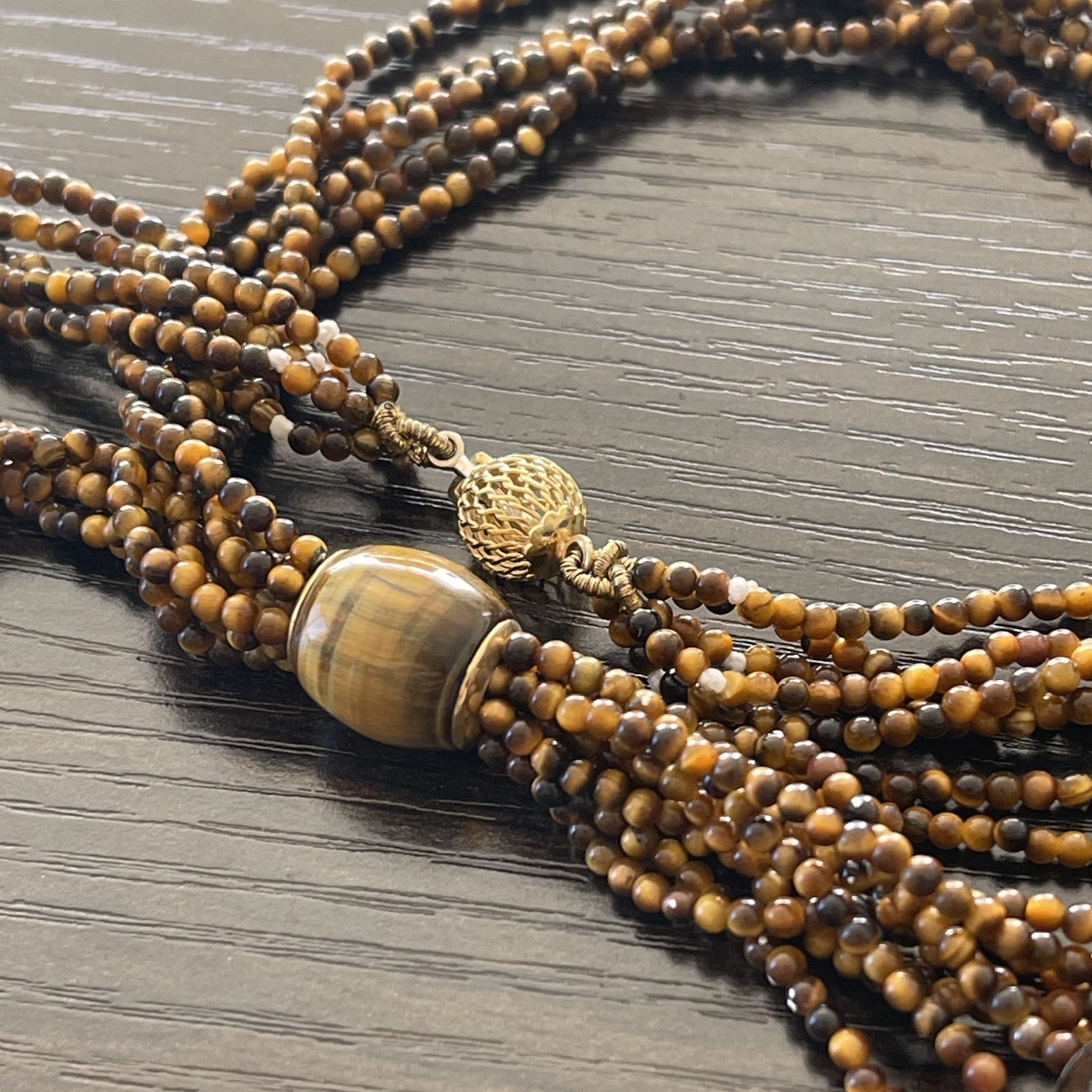 Tiger Eye Bead Necklace 19in 18K Gold Clasp 5 Strand