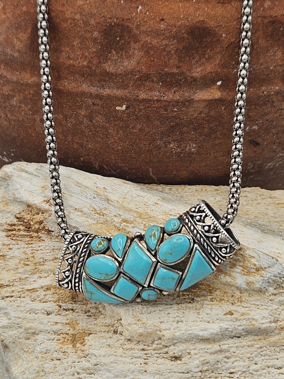 925 Sterling Silver Turquoise Slide Pendant Necklace Popcorn Chain 18″ 0085