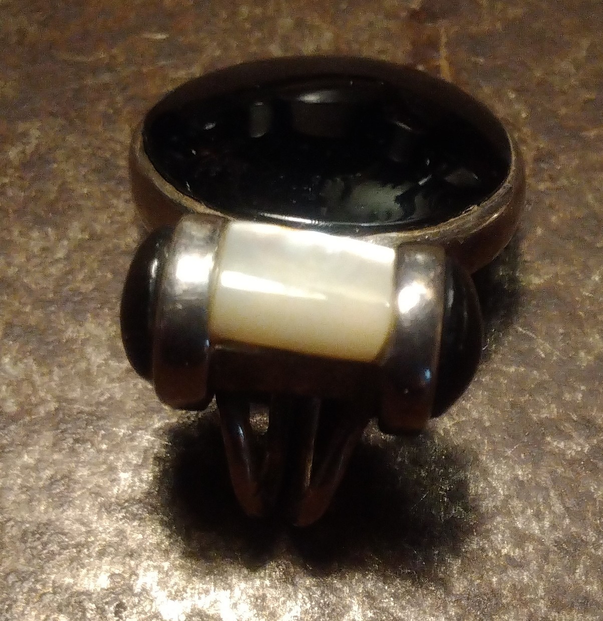 925 STERLING SILVER ONYX NECKLACE Pendant Mother Pearl MOP THAI Vtg Round Thick