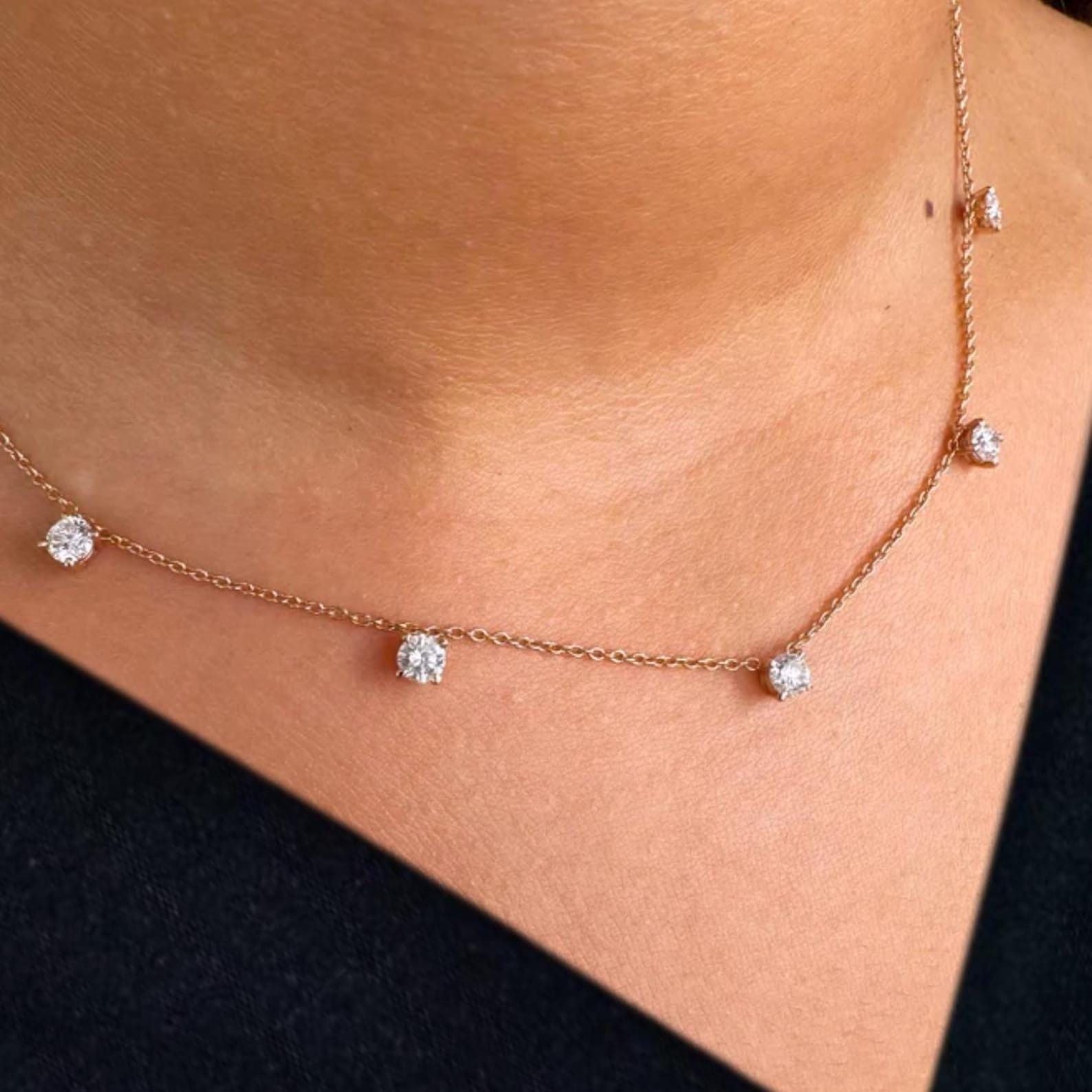 Station Necklace For Girlfriend Gift Round Natural GH/SI Diamond 14k Rose Gold