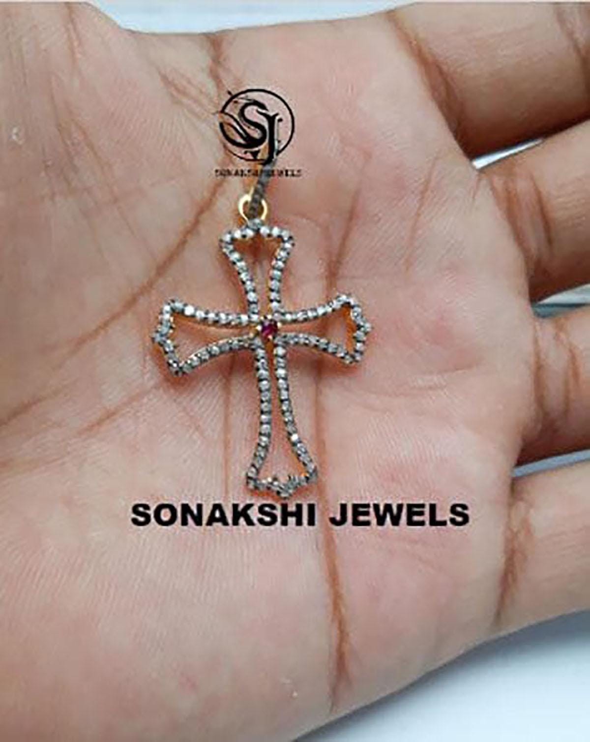 Vintage Sterling Silver 925 Cross Pendant: Diamond & Ruby Pendant