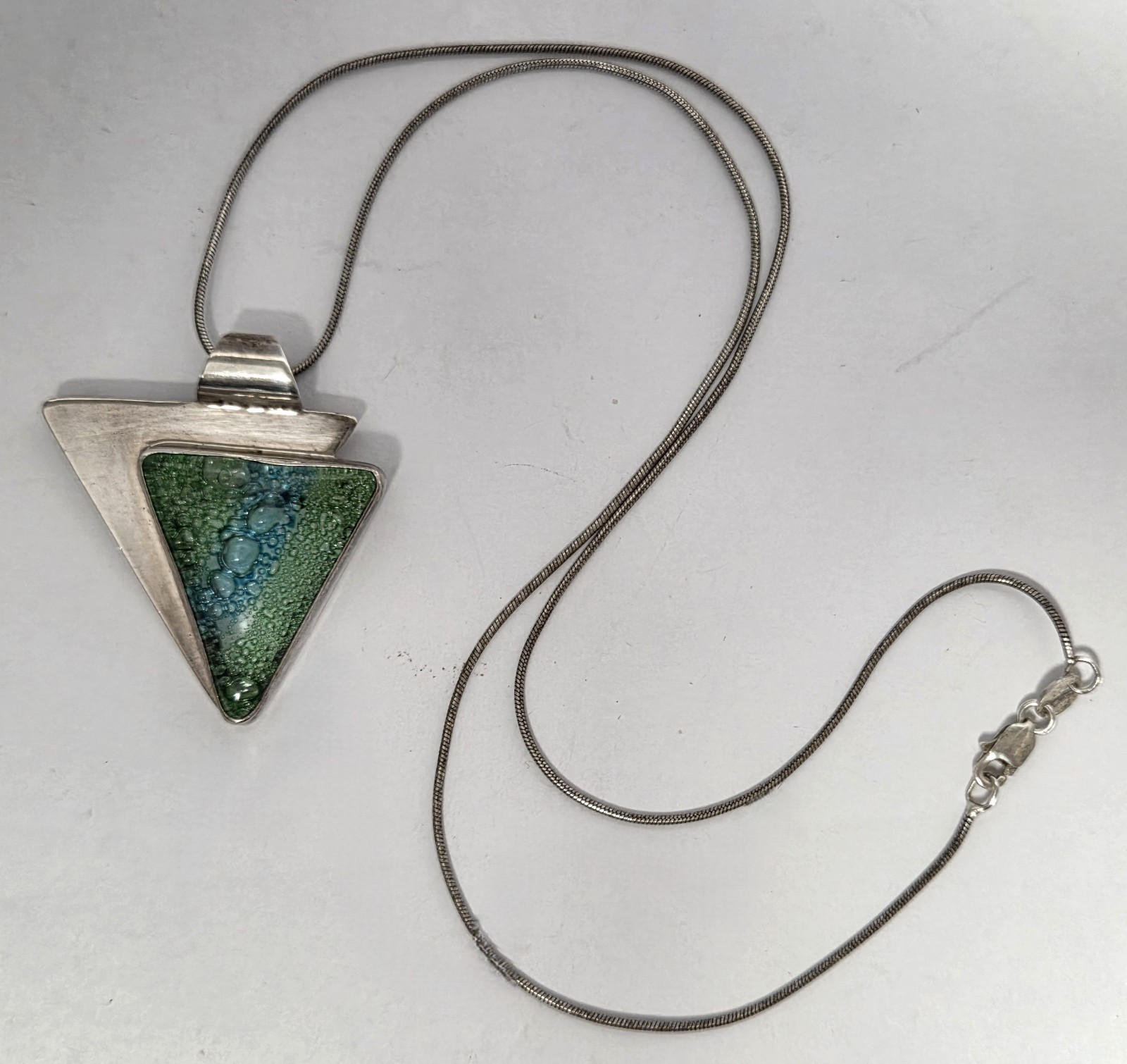 Dichroic Glass Sterling Silver Triangle Pendant Necklace 18″ Green Blue Bubbles
