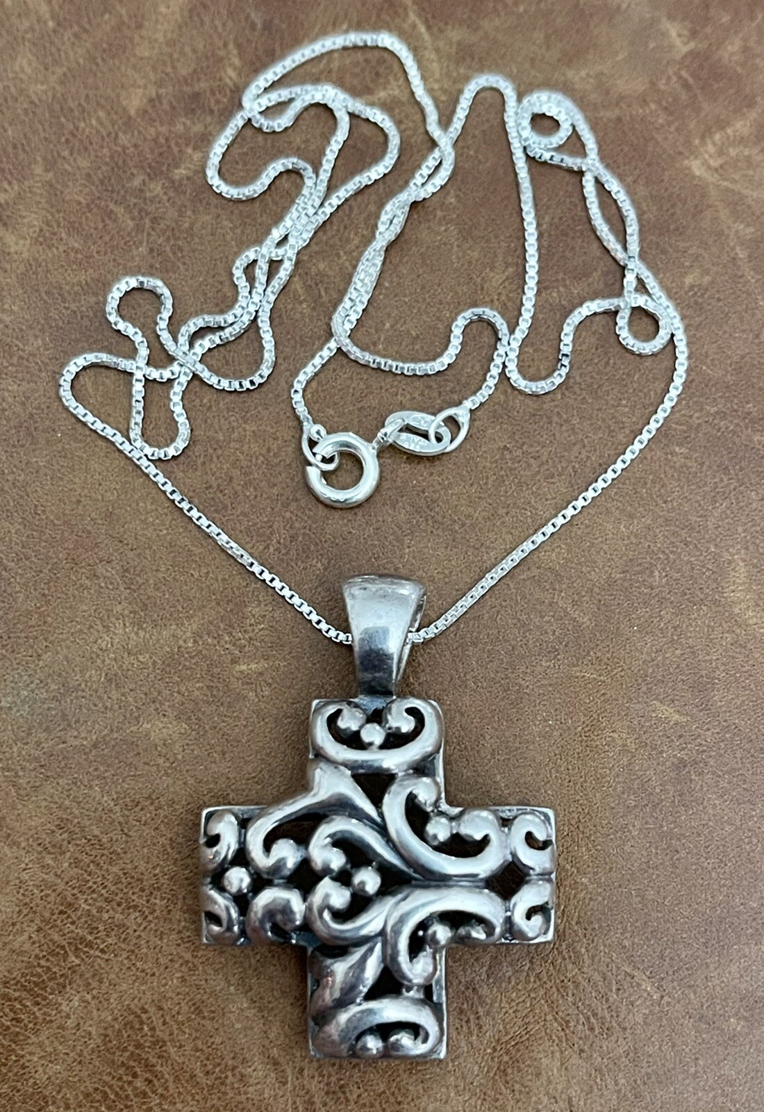 Vintage ATI 925 Sterling Religious Cross Scroll Design Pendant Necklace 21” in