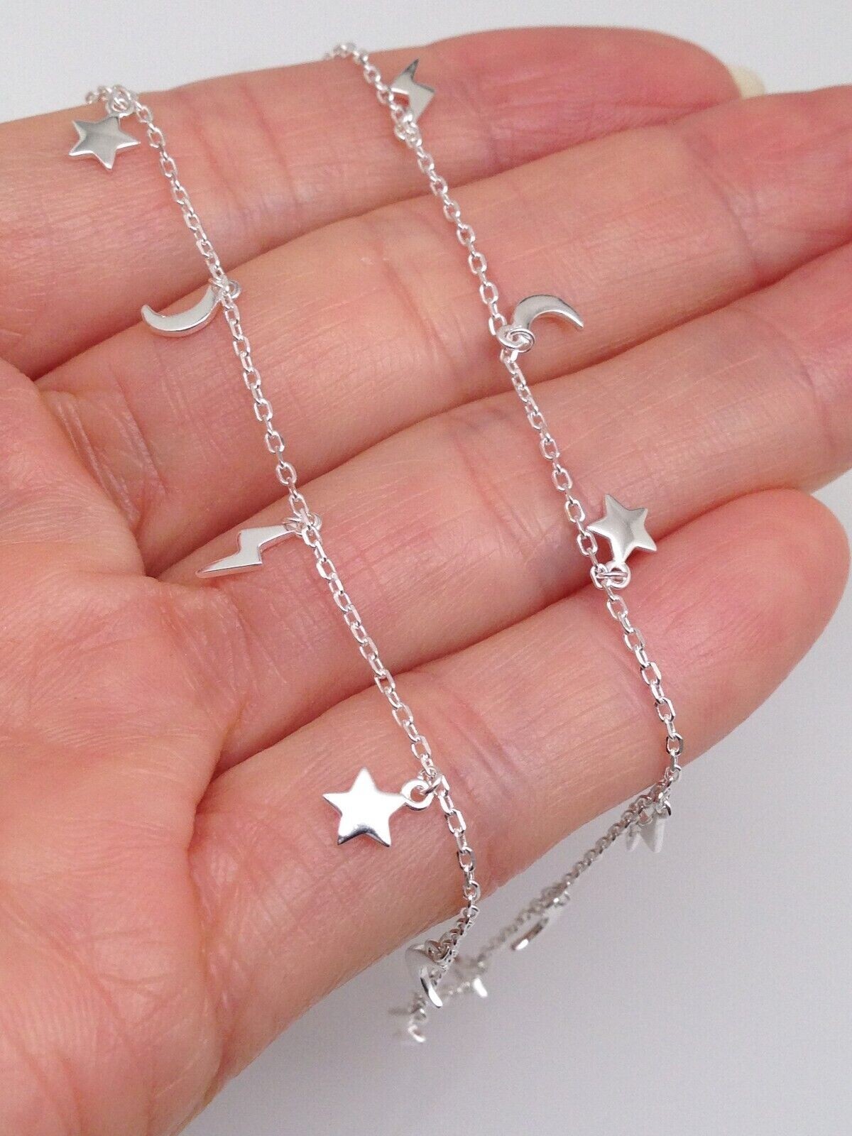 925 Sterling Silver Star Moon Lightning Station Choke Necklace Girls 6mm 15.5″