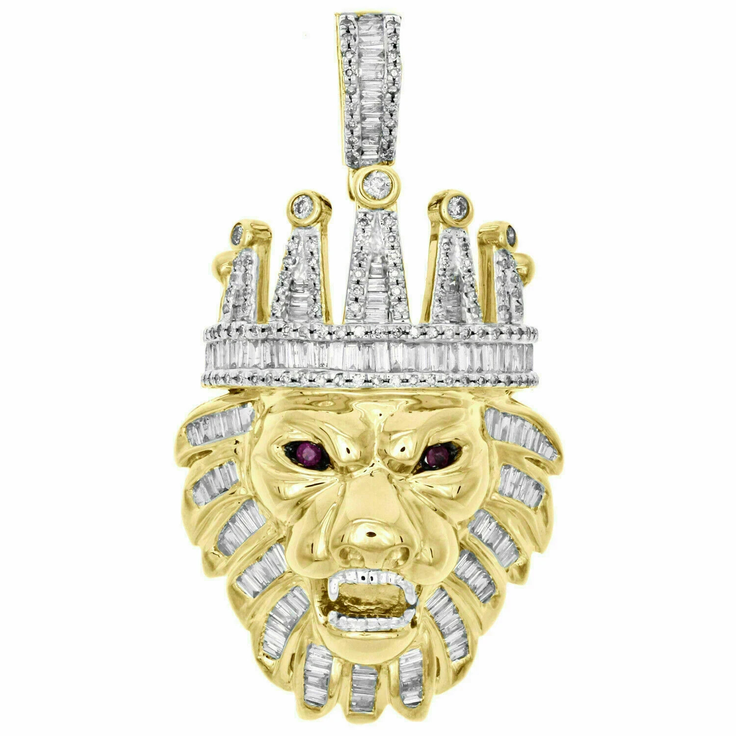 10K Yellow Gold Over 2 CARAT Round & Baguette Diamond Lion Pendant 1.90″Charm