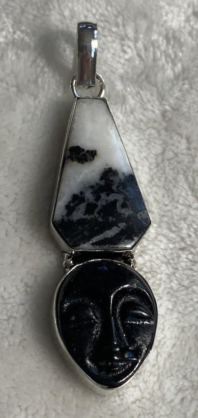 Zebra Jasper Pendant Black White Face Mask 2.75 inches Silver Marked 925
