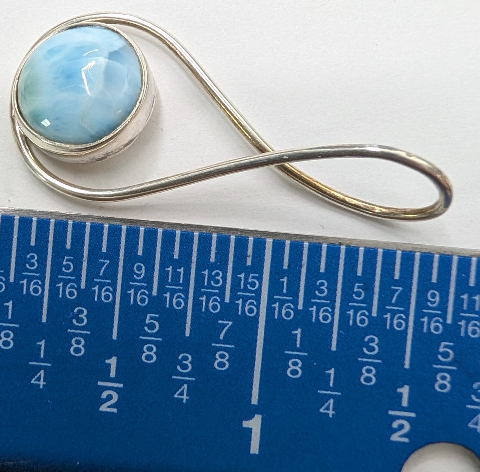 Sterling Silver Larimar Pendant Blue Round Cabochon Freeform Teardrop 1.75″