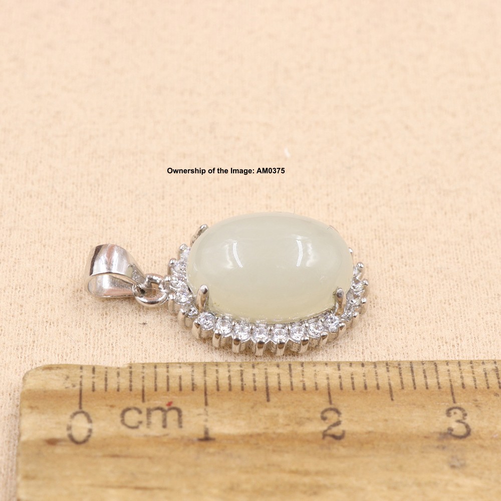 NEW Natural White Jade Oval Pendant 925 Sterling Silver Pendant