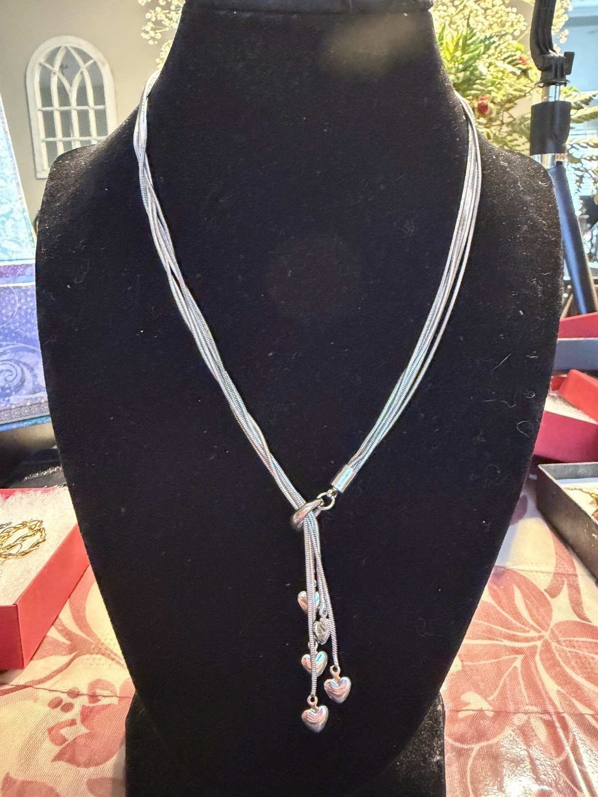 Sterling Silver 925 Snake Chain Lariat Necklace w/ Heart Drop Pendant Signed