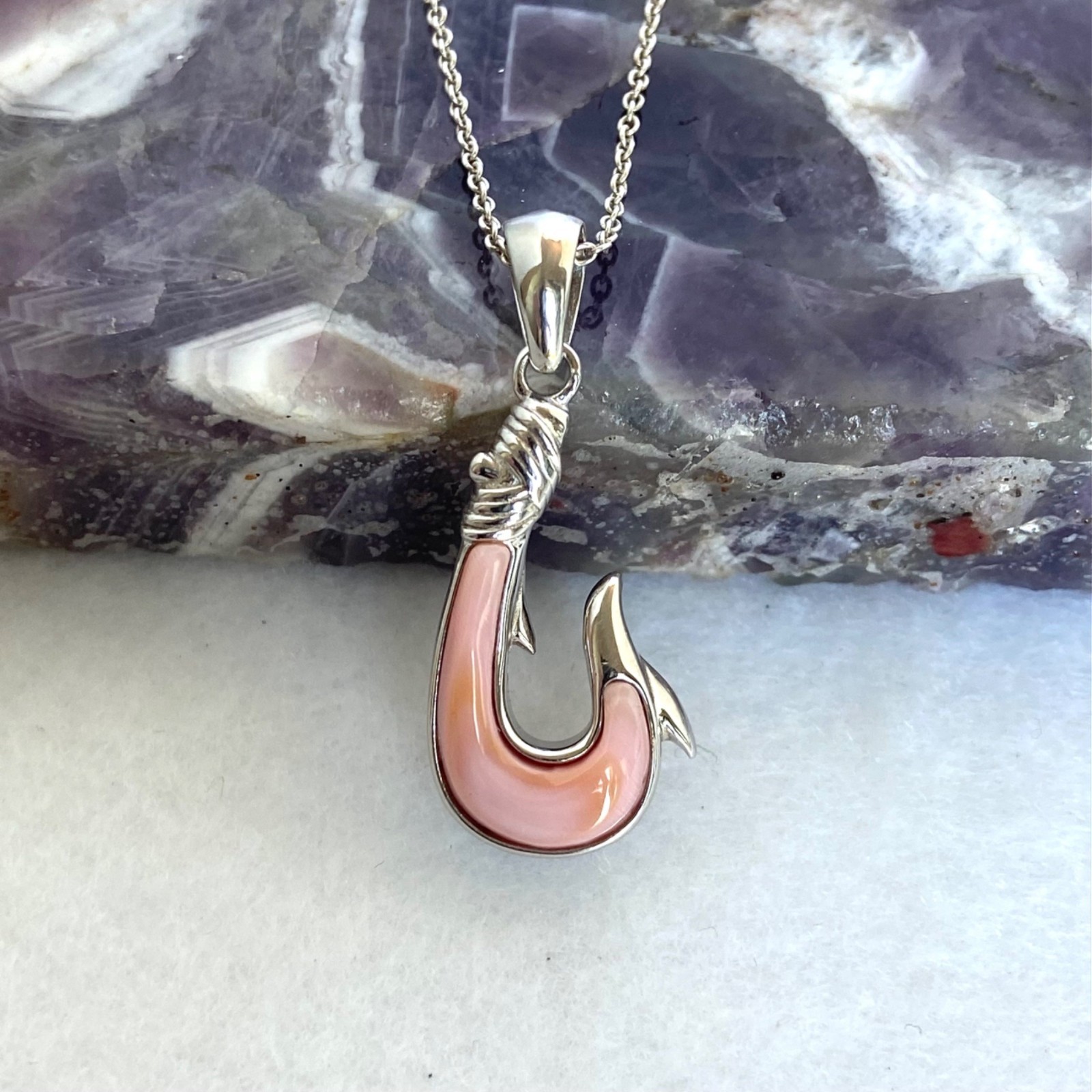 Sterling Silver 925 Pink Conch Maui Fish Hook Pendant Necklace 18″ Cable Chain