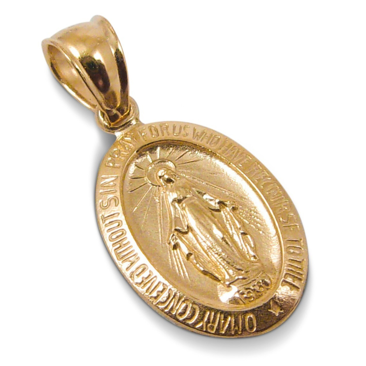 Solid 18K Yellow Gold Miraculous Medal Virgin Mary Pendant, 9/16″, Catholic
