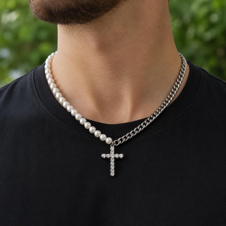 Pearl Cross Necklace for Men Women 925 Sterling Silver Cuban Link Chain Beaded