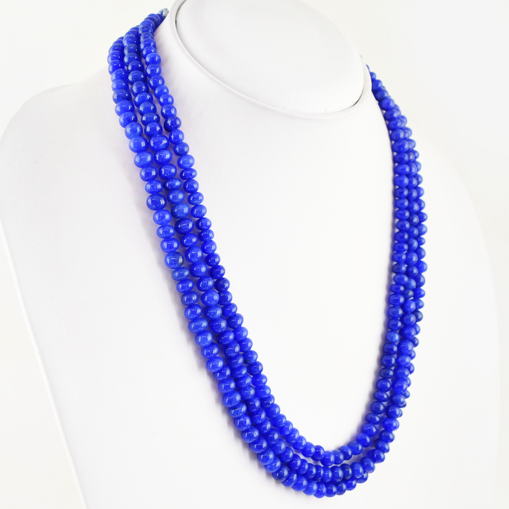 378.50 CTS EARTH MINED RICH BLUE SAPPHIRE 3 LINE ROUND SHAPE BEADS NECKLACE (RS)