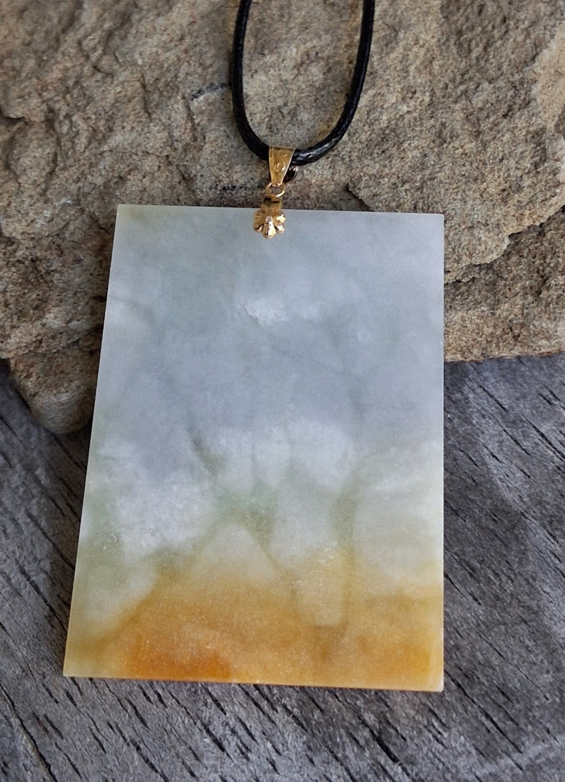 Certified Rectangle Jade Pendant Necklace 18k Yellow Gold Bail Black Cord Signed