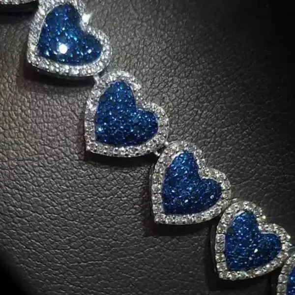 15 Ct Lab Created Blue Sapphire Diamond Tennis Heart Necklace White Gold plated