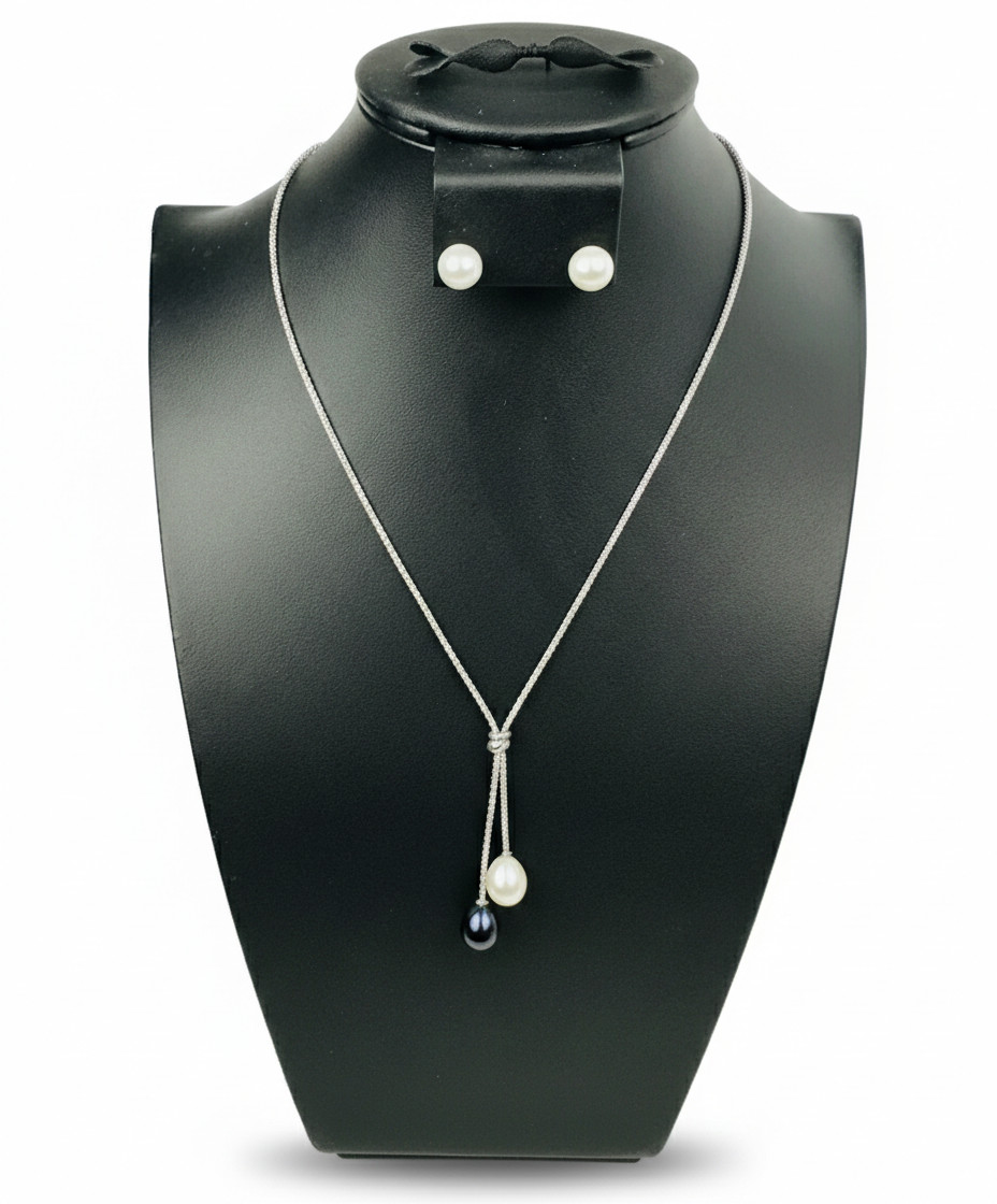 Teardrop Pearl Necklace & Stud Earrings Set White Black Silver Jewelry