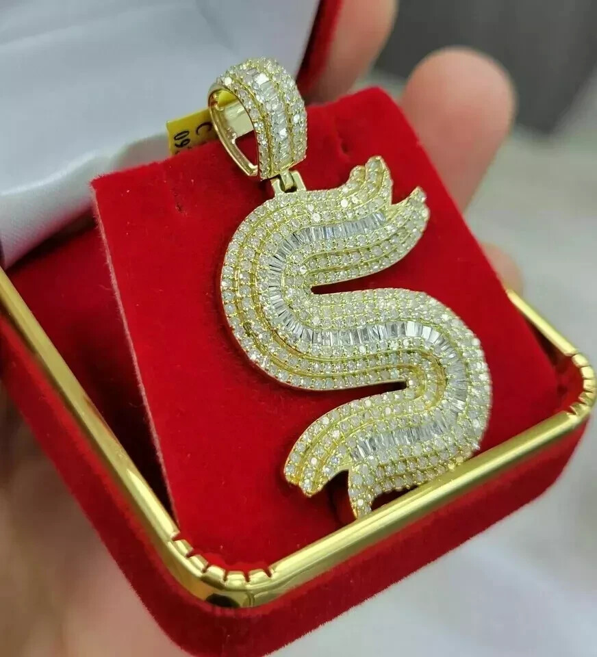 4 Carat D/VVS1 Diamond Baguette Charm Mens Pendant 14K Yellow Gold Over