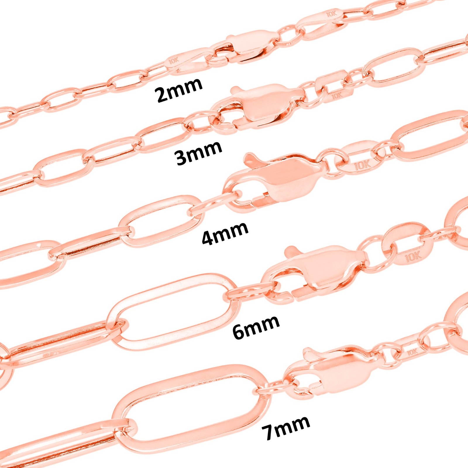 10k Rose Gold Paperclip 2mm-7mm Cable Chain Bracelet Necklace Mens Women 7″-24″