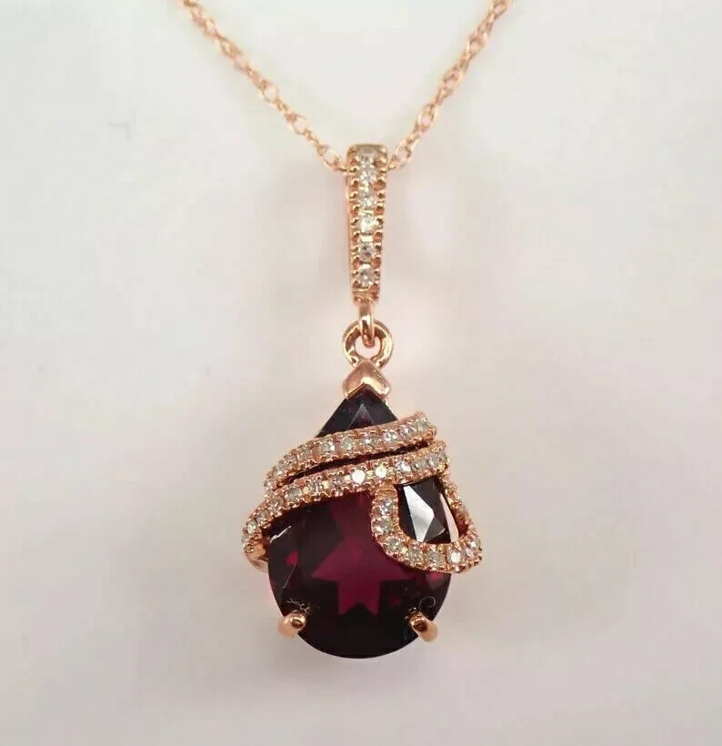 2.30Ct Pear Red Garnet/Diamond Lab Created Women’s Pendant 14K Rose Gold Plated