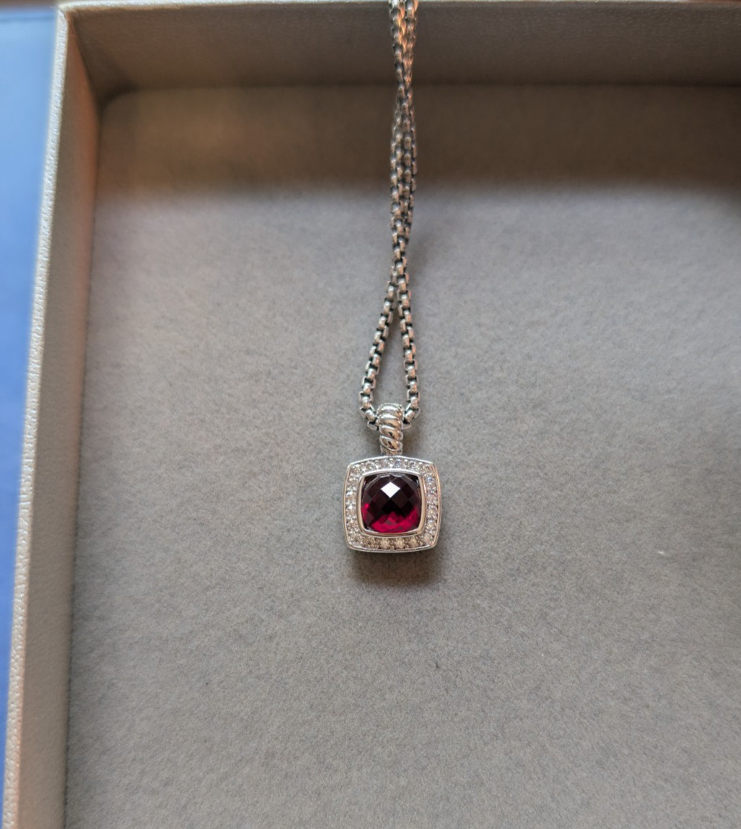 David Yurman Garnet & Diamonds Petite Albion Pendant Necklace Sterling Silver