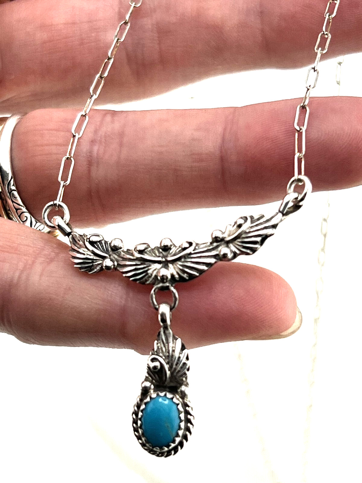 Southwestern Turquoise necklace 925 Sterling silver 18″ dainty lariat