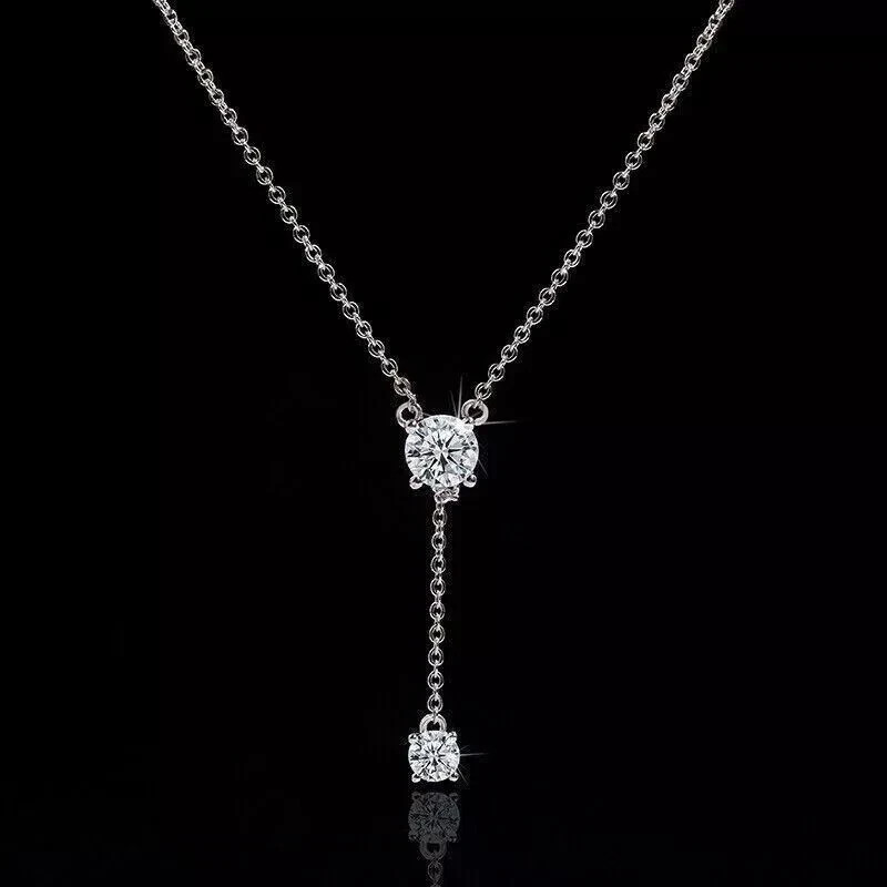 0.75Ct Round Lab Created Diamond Y lariat Necklace Pendant 14k White Gold Plated