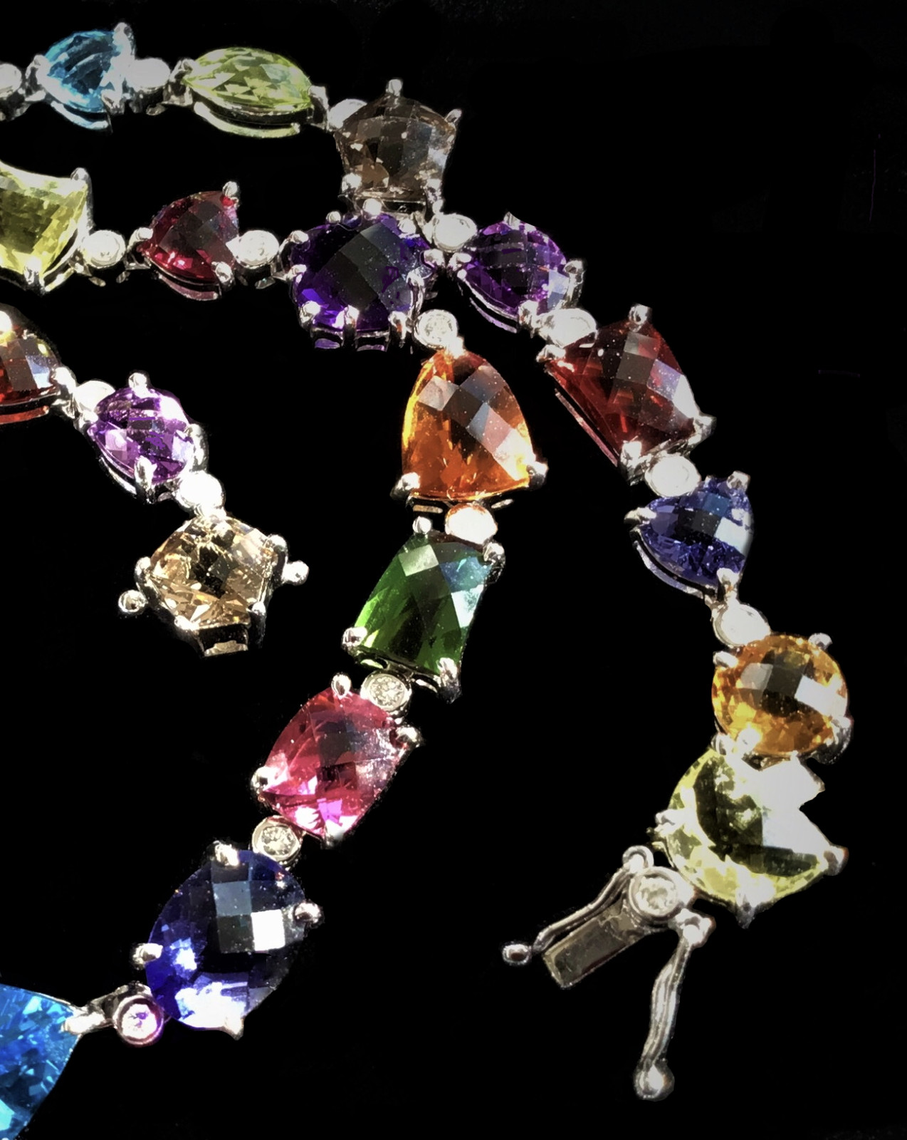 14K White Gold Multi-Color Gemstone/Diamond Necklace Designer 39g 17in