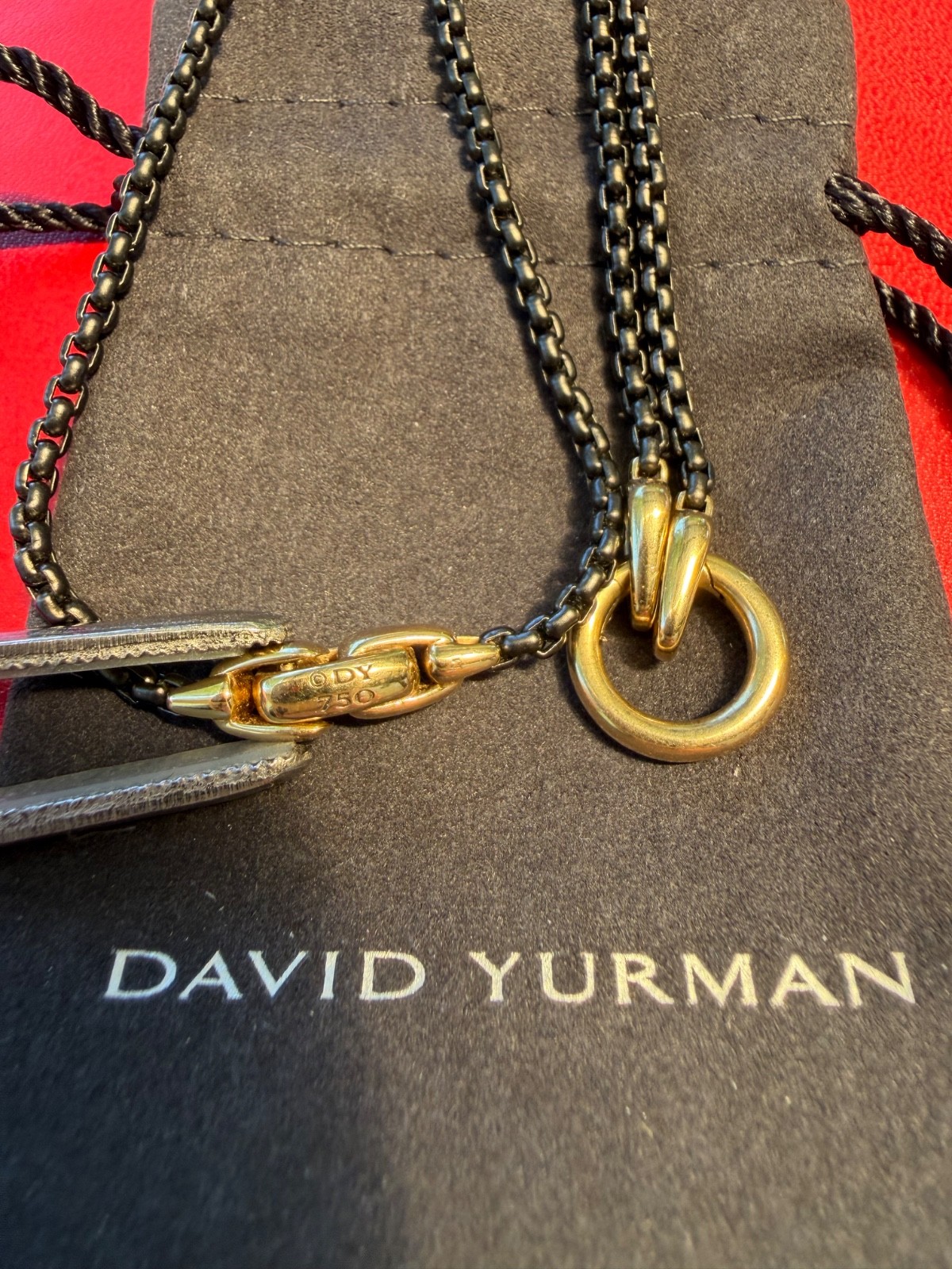 David Yurman 18K Clasp & Smooth Amulet on Stainless Steel Box Chain Necklace 26″