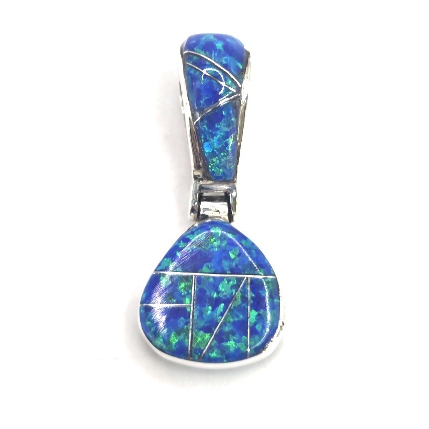 Blue Opal Jasper Onyx Pendant 0.75″ Pear Shape Reversible Handmade Sterling