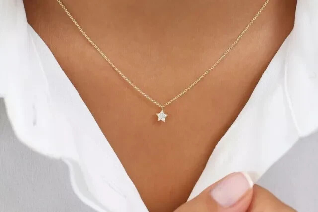 0.20 Ct Round Moissanite Tiny Star Charm Pendant Necklace 14K Yellow Gold Plated