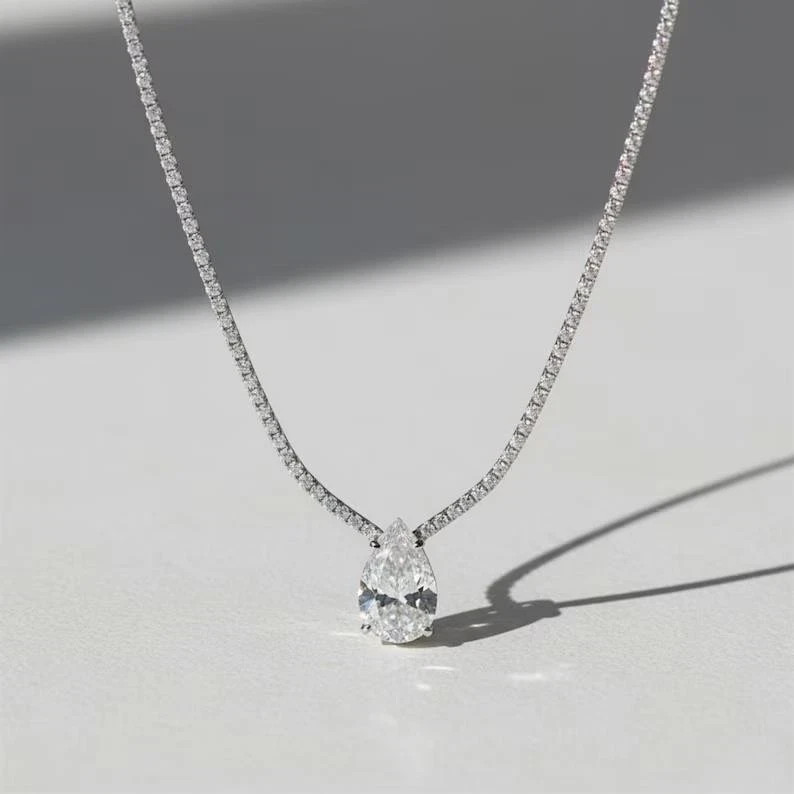 7.00Ct Teardrop Lab Created Diamond Tennis Necklace 16In 14K White Gold Plated