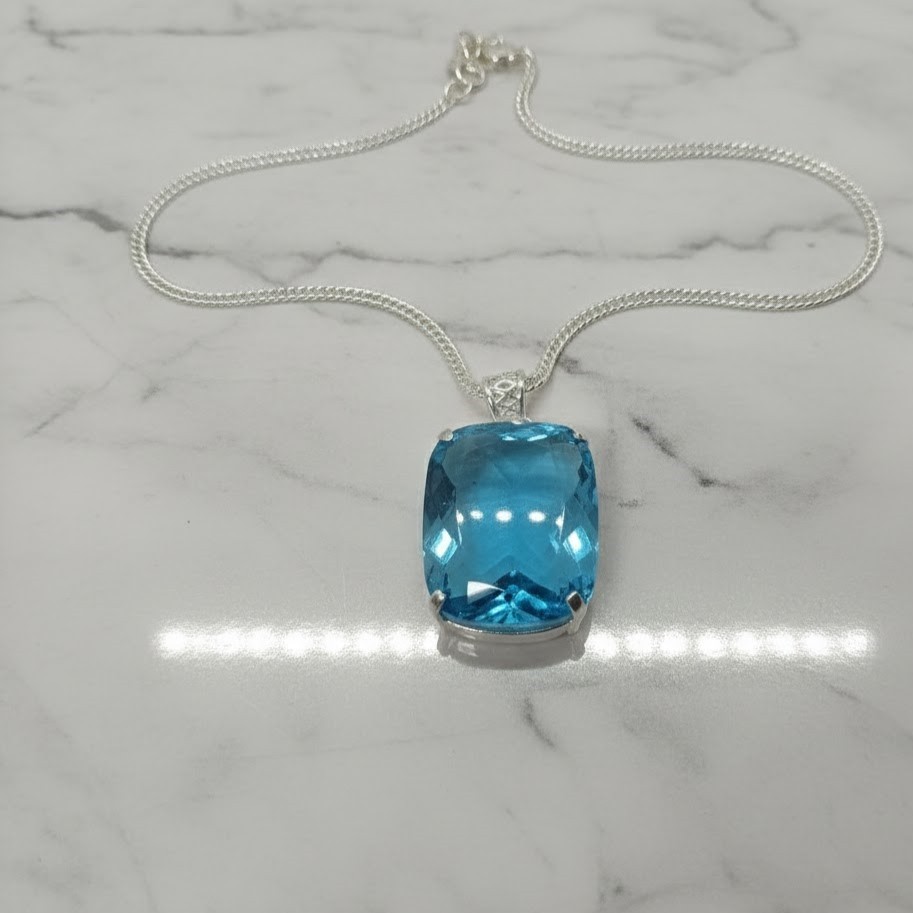 Swiss Blue Topaz Pendant 100-110Ct Necklace | Cushion Cut Sky Blue Gem