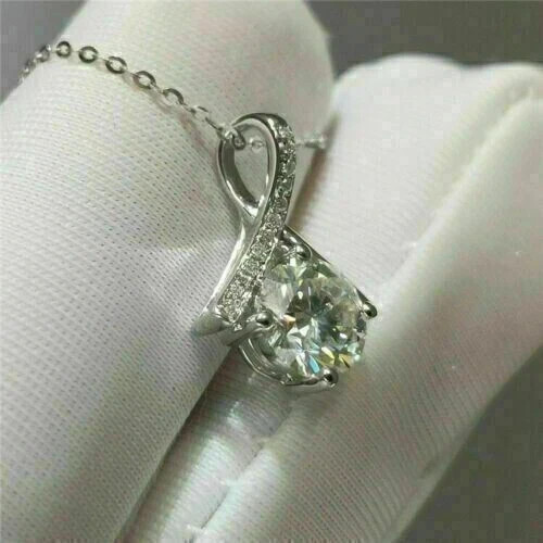 2Ct Round Cut Solitaire Lab Created Diamond Pendant 14K White Gold Plated