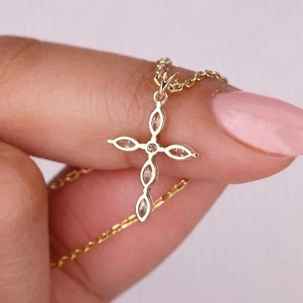 1Ct Marquise Cut Lab Created Diamond Women’ Cross Pendant 14K Yellow Gold Plated