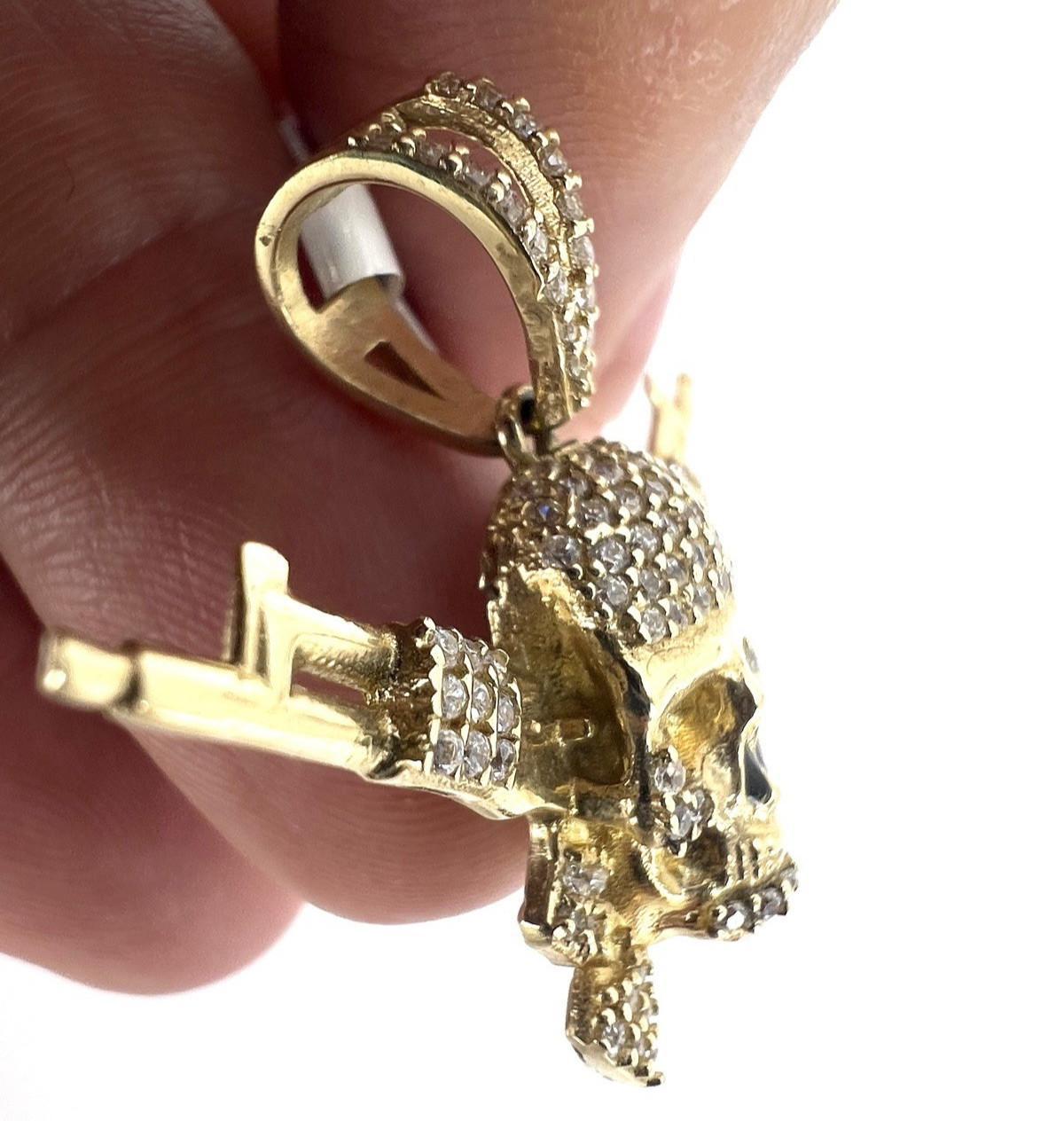 14K Solid Yellow Gold Skull Crossed Rifles Pendant CZ Pave Outlaw Guns