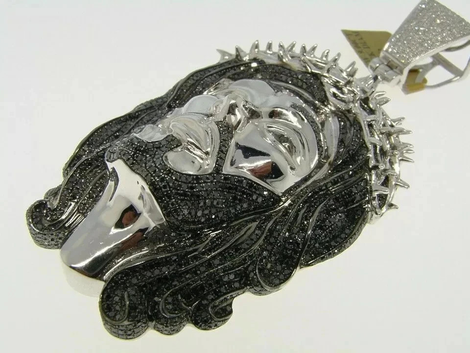 Men’s White Gold Over Jesus Face 5.00 Ct Created Black Diamond Pendant Charm