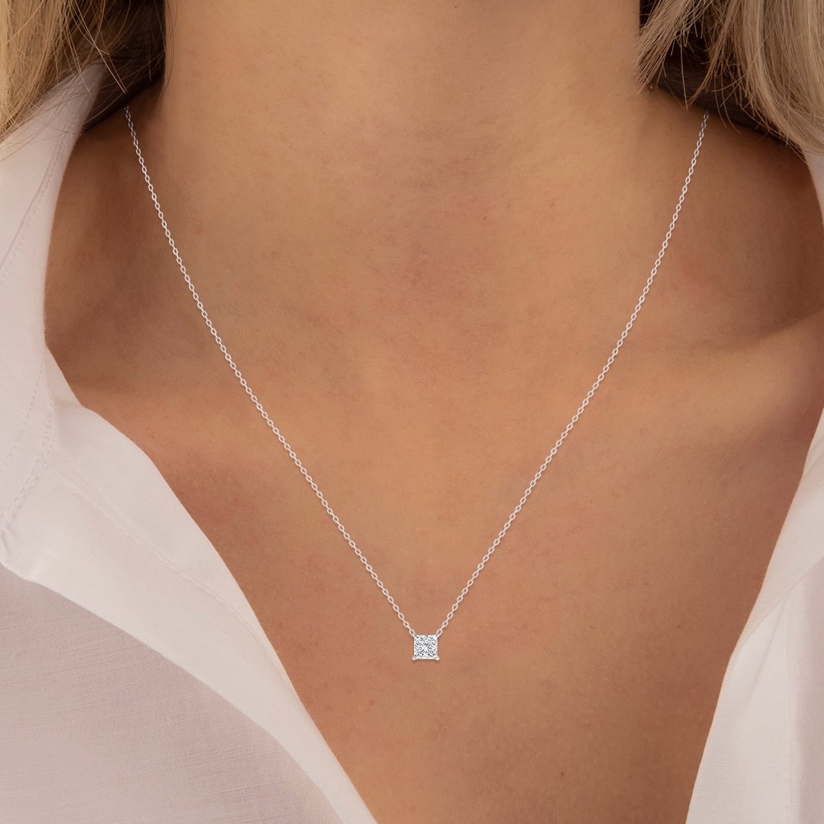 1 Ct Princess Lab Created Grown Floating Diamond E/VS Necklace 14K White Gold