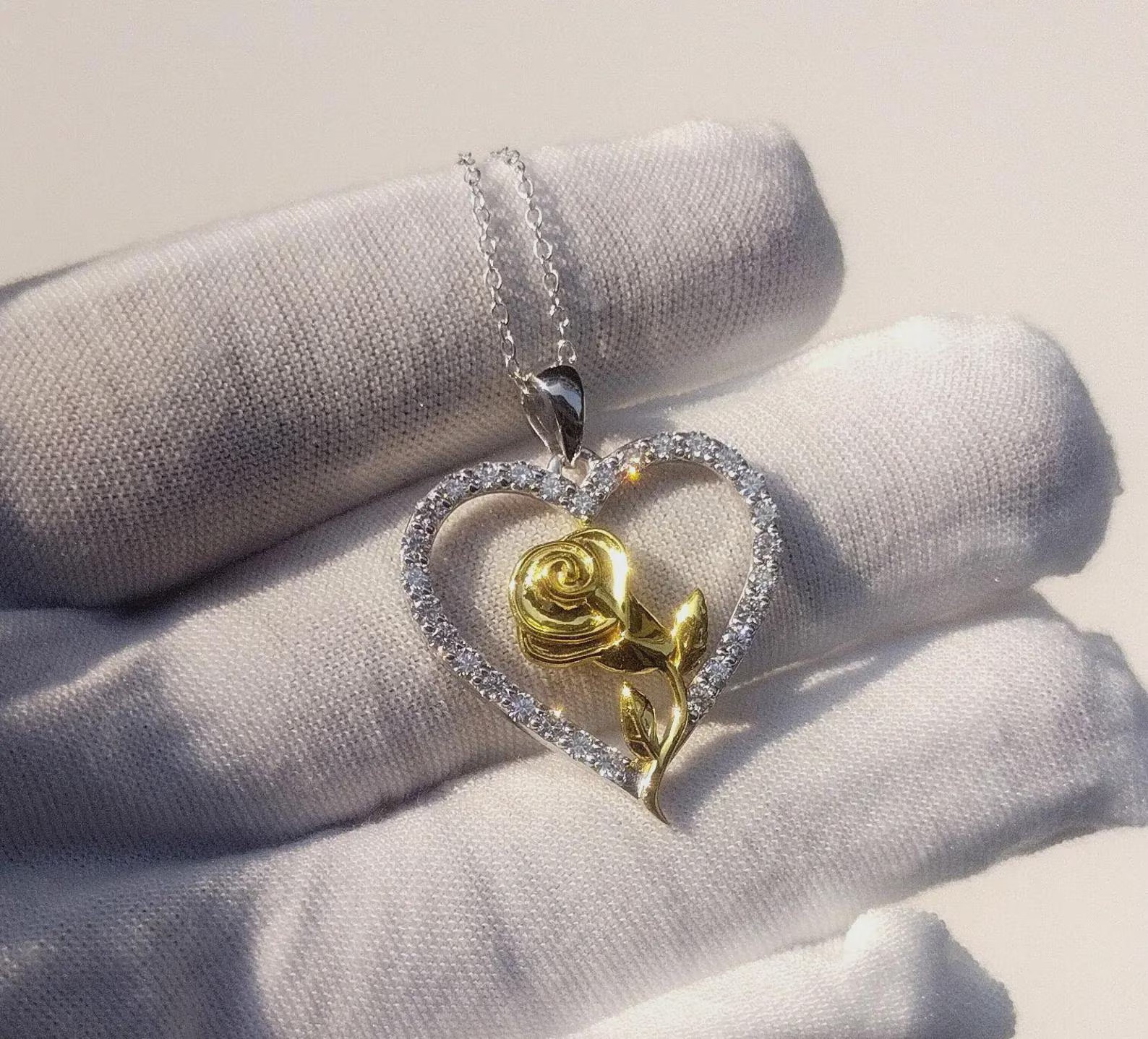 1 Ct Lab Created Round Moissanite Rose In Heart Pendant 14K Two Tone Gold Plated