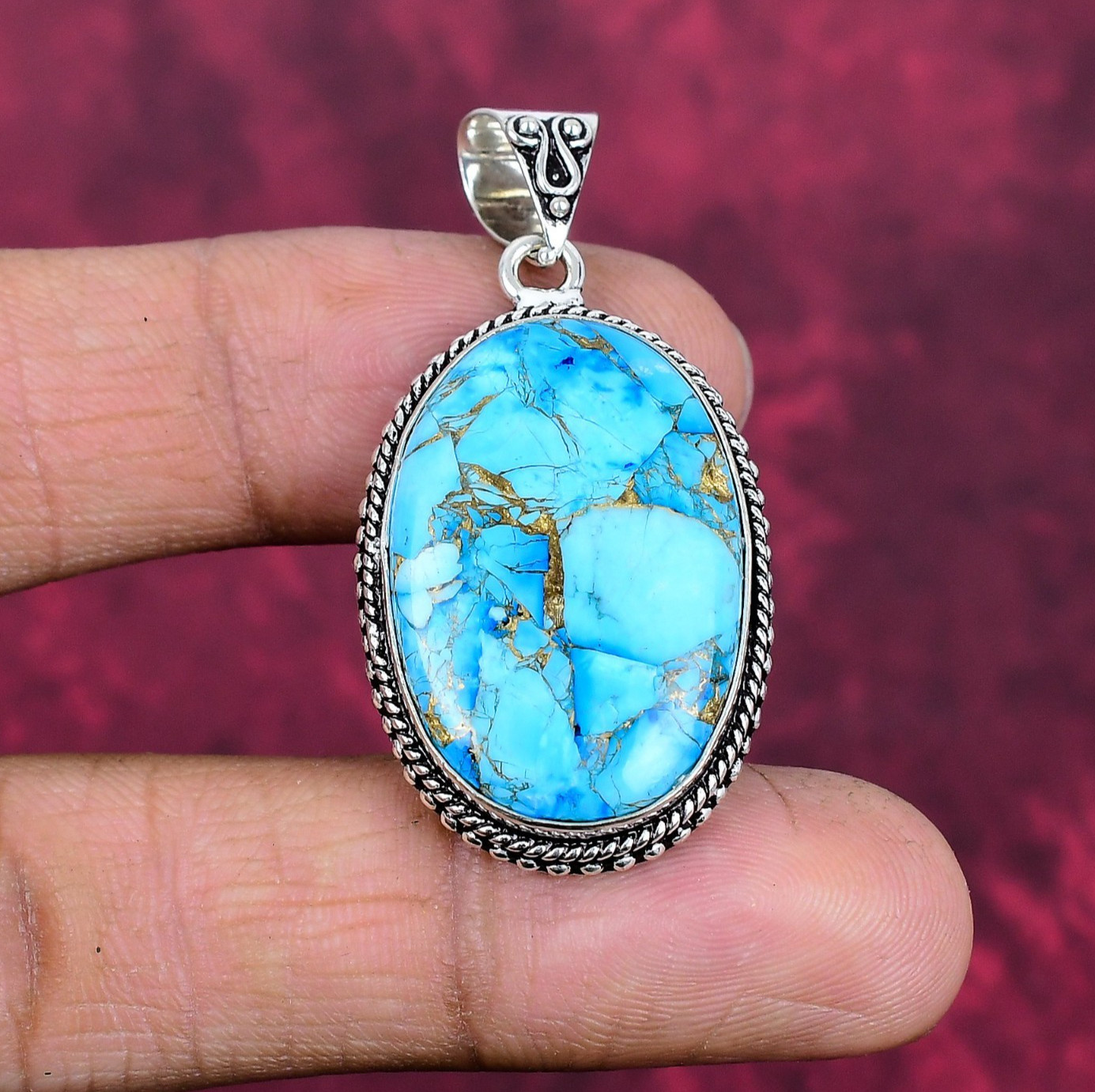 Blue Copper Turquoise Gemstone Handmade 925 Sterling Silver Jewelry Pendant