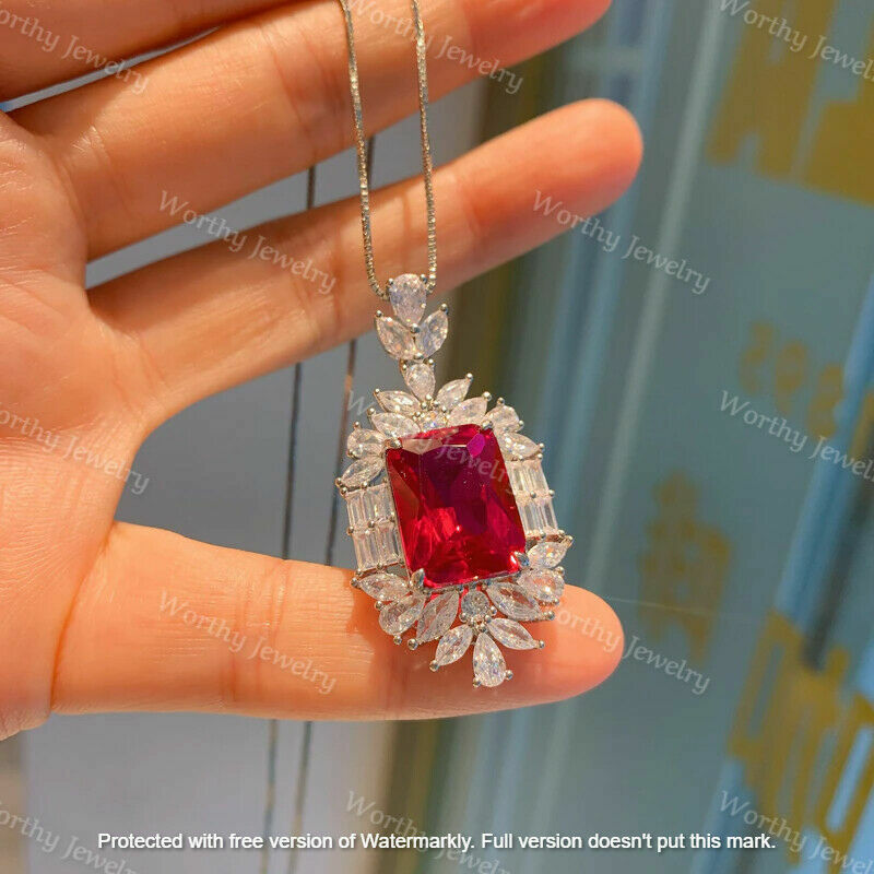 4Ct Radiant Cut Red Ruby Diamond Halo Pendant 14K White Gold Finish Free Chain