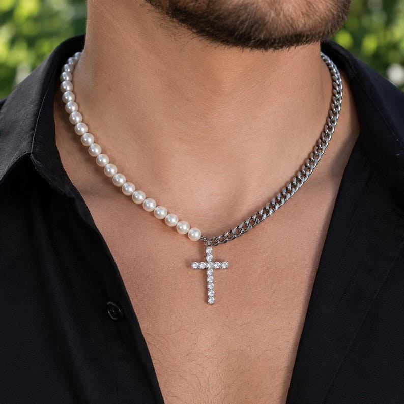 Pearl Cross Necklace for Men Women 925 Sterling Silver Cuban Link Chain Beaded