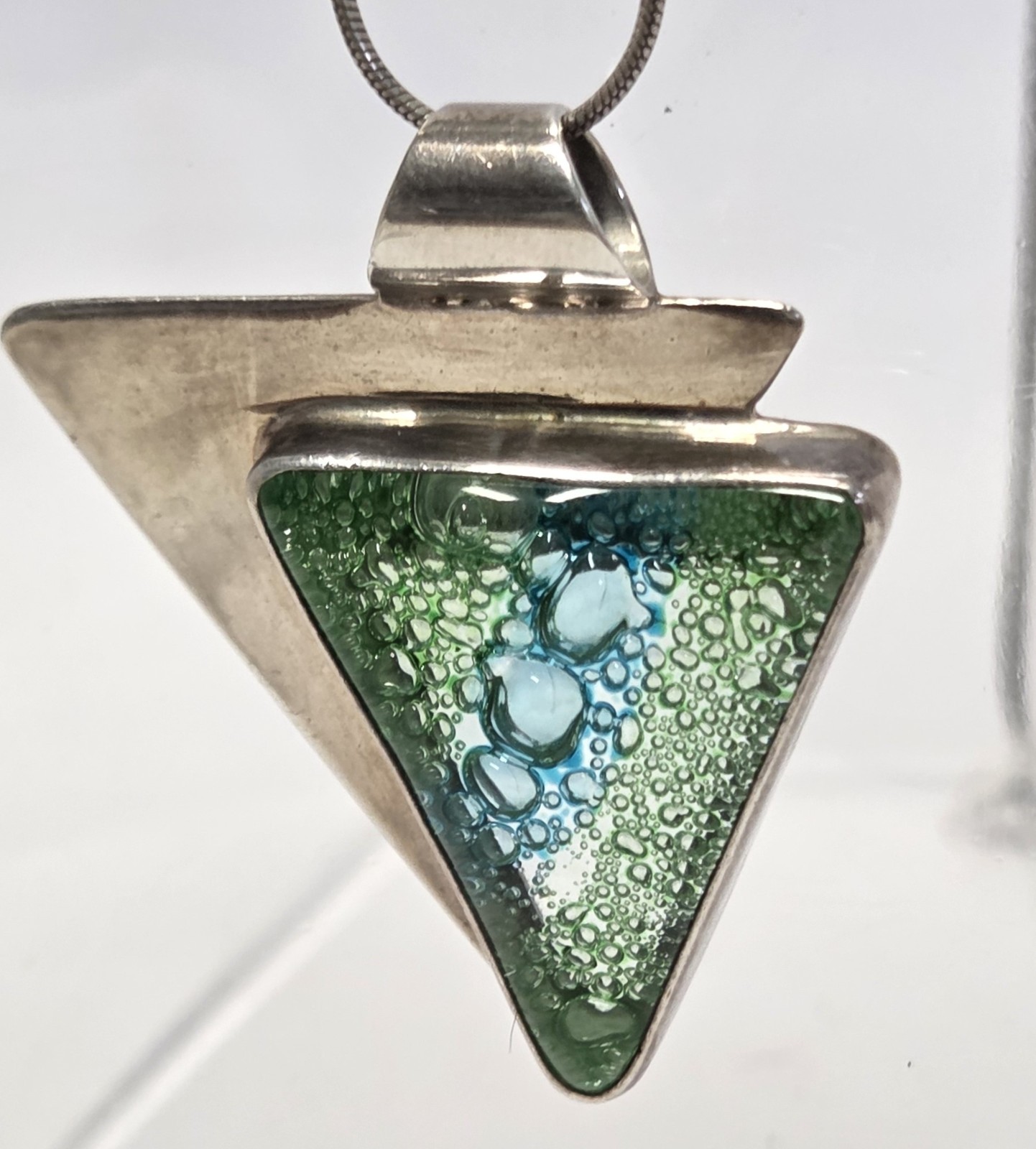 Dichroic Glass Sterling Silver Triangle Pendant Necklace 18″ Green Blue Bubbles