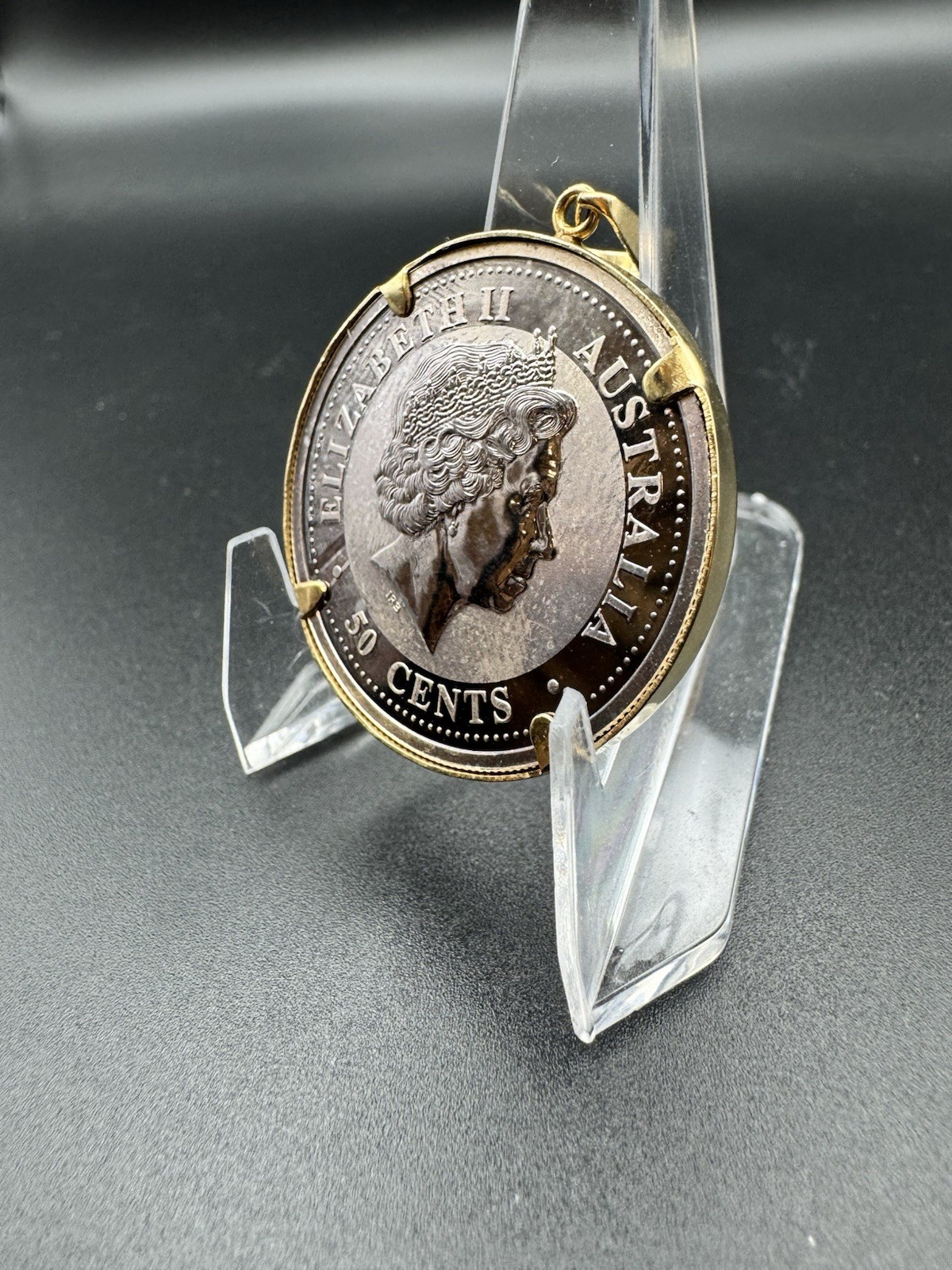 2002 Australia Lunar Horse 1/2 oz .999 Silver 50c 14K Gold Pendant Toned