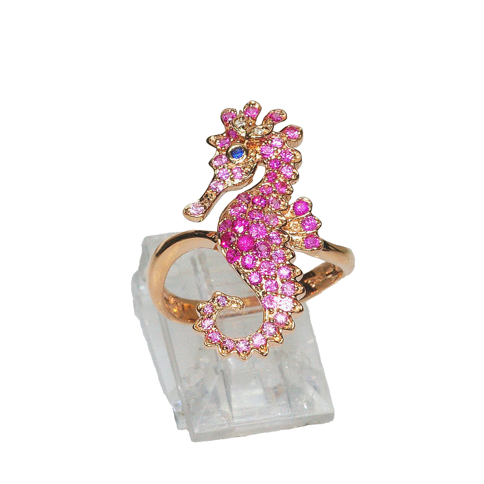 18k SEAHORSE PENDANT, RUBY, PINK BLUE SAPPHIRE, DIAMONDS, SEA LIFE