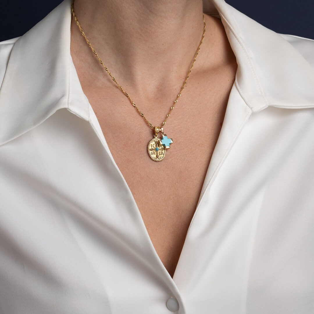 14K Gold Turquoise Cross Pendant, Greek Handmade Jewelry