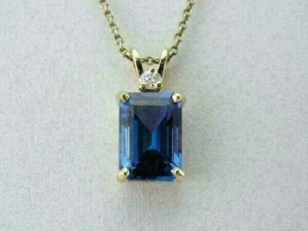 3.00Ct Emerald Cut Blue Sapphire & Diamond Pendant Solid 14K Yellow Gold Finish