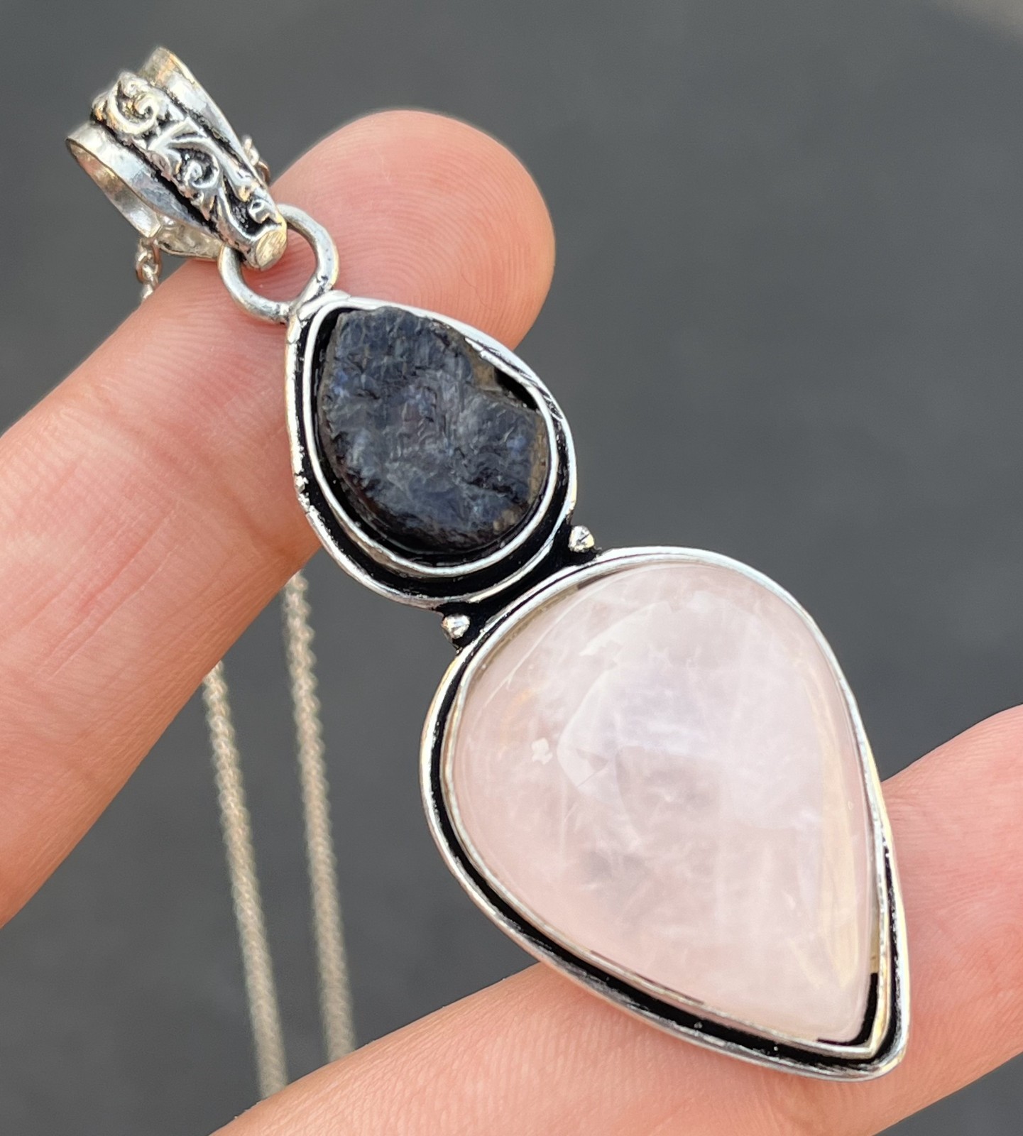 Natural Rose Quartz iolite Nacklace Sterling Silver Plated Handmade Pendant