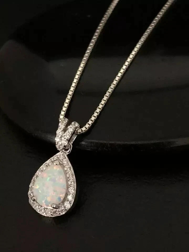 3.00Ct Pear Cut Fire Opal & Diamond Pendant 14k White Gold Finish18” Free Chain