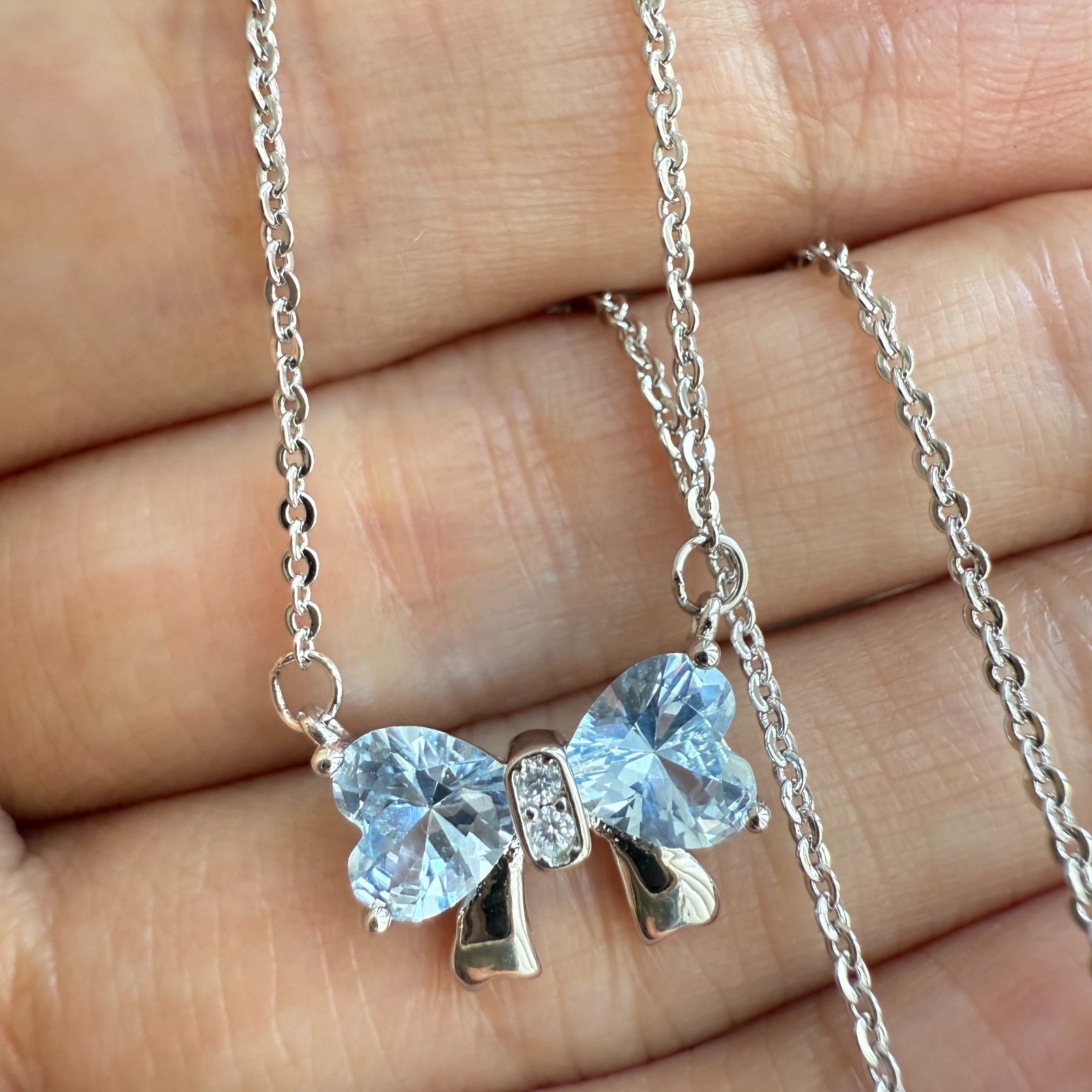 925 Sterling Silver Necklace 6mm Heart Natural Topaz Gemstone Zircon Chain Bow